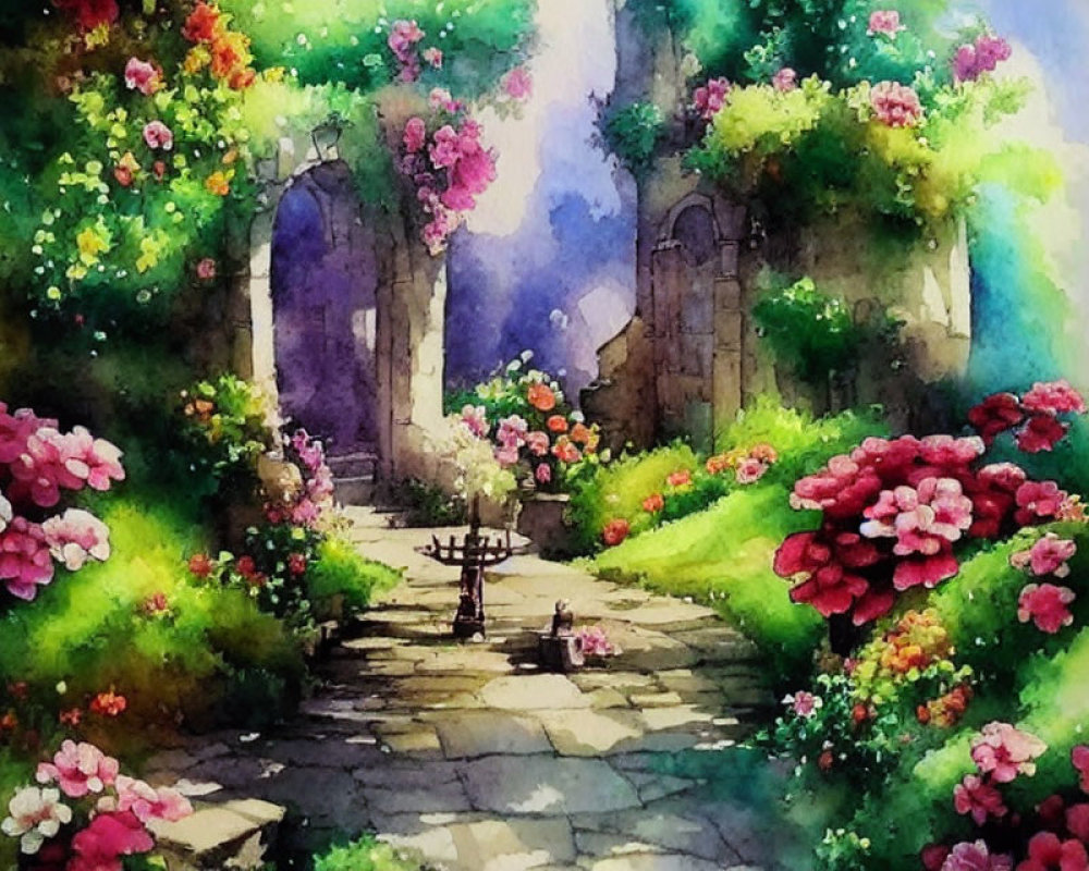 Lush garden path with blooming flowers and stone archway
