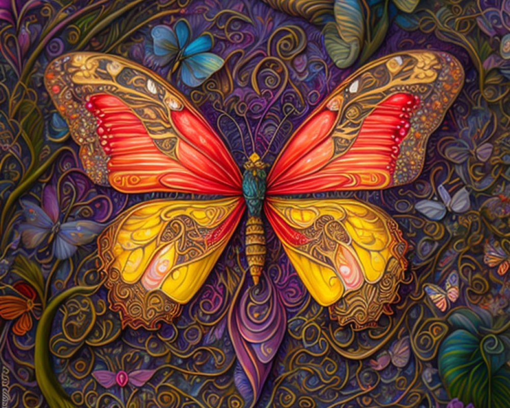 Colorful Butterfly Artwork with Red and Yellow Wings on Floral Background