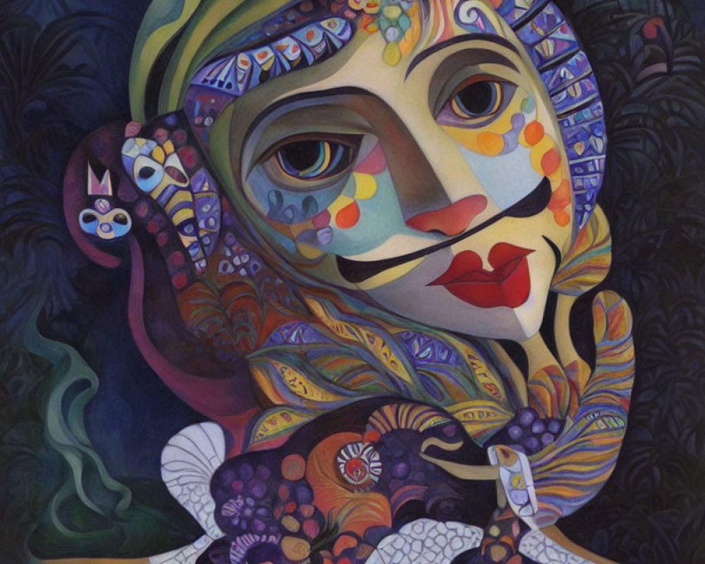 Vibrant painting of stylized face with cat, intricate details and dreamlike hues.