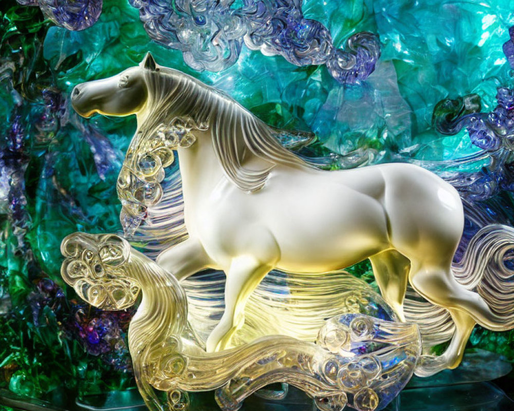 White Horse Glass Sculpture Against Blue and Green Background