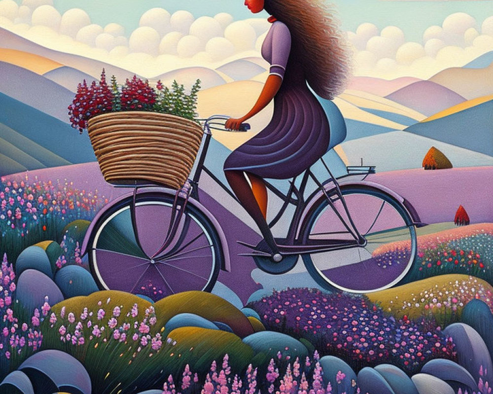 Illustration of woman cycling in colorful landscape at sunset