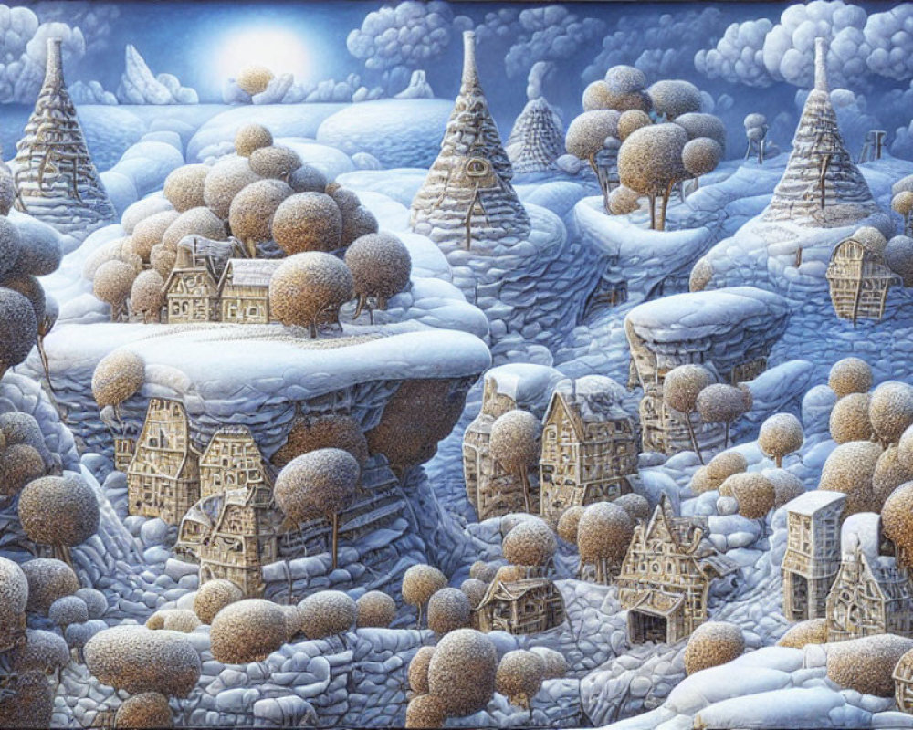 Detailed surreal winter landscape with snow-covered trees, houses, and hills under a glowing moon.