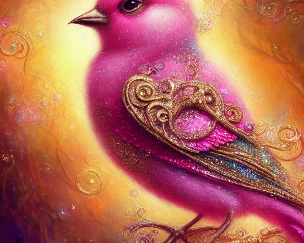 Colorful mystical bird with golden details on vibrant background