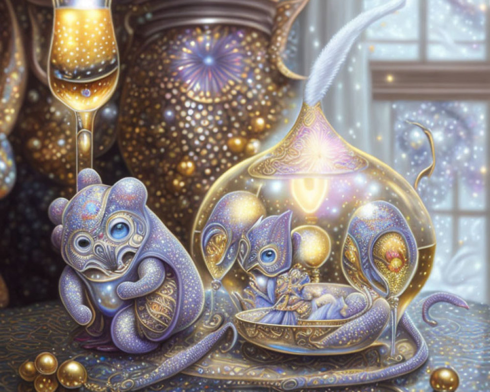 Stylized creatures in a magical fantasy artwork with glowing orbs