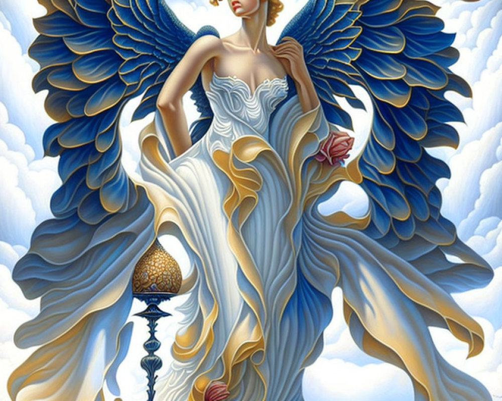 Illustration of angel with large blue wings and white gown holding scepter and red rose