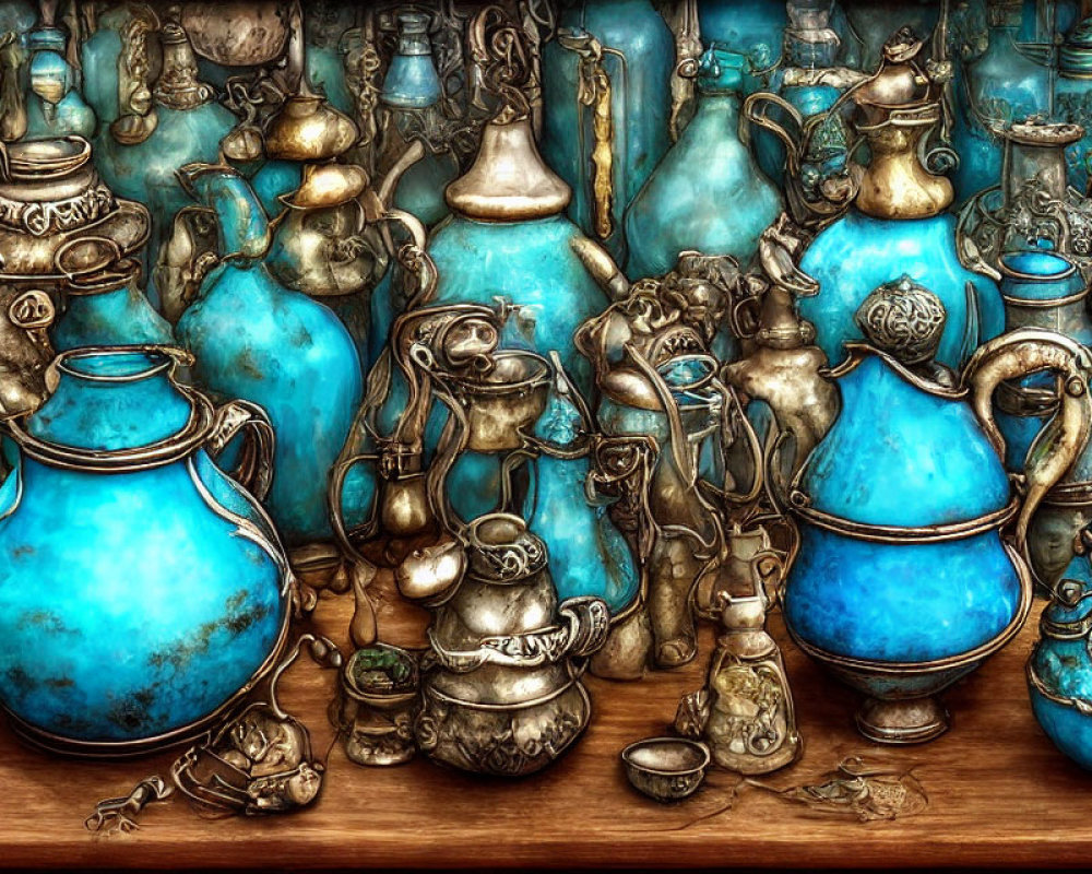 Collection of Antique Blue and Bronze Teapots, Kettles, and Cups on Shelf