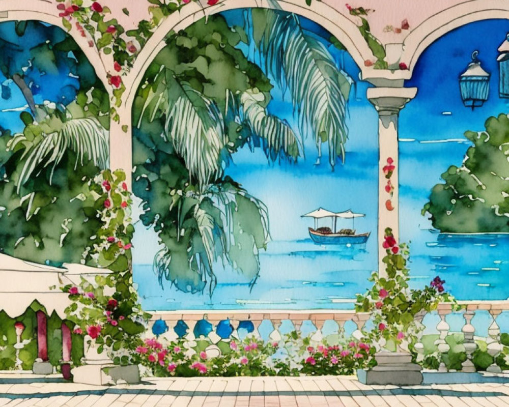 Arched seaside veranda with hanging plants and boat view