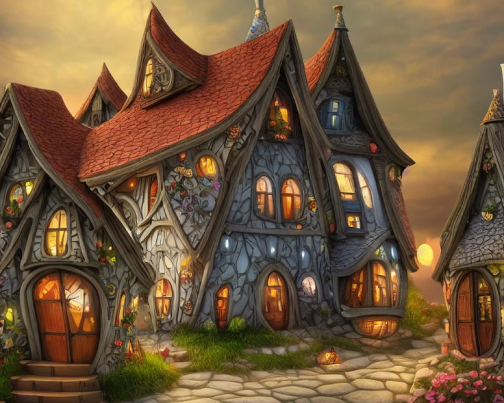 Fantasy-styled stone houses with wooden doors and shingled roofs in lush sunset landscape.