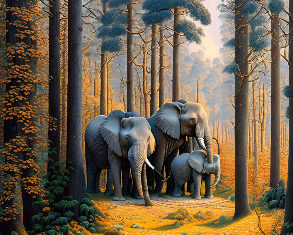 Elephant Family in Vibrant Golden Forest