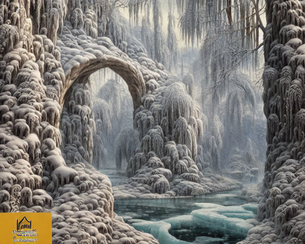 Snowy Trees, Icy River, Stone Bridge in Mystical Winter Landscape