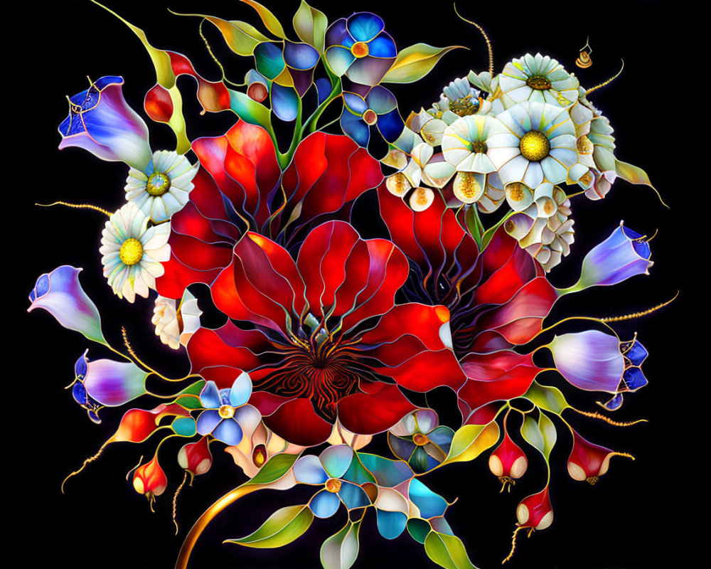 Colorful Flowers and Leaves Digital Artwork on Black Background