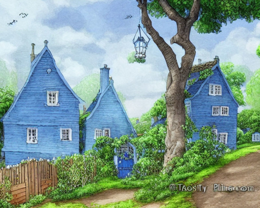 Charming blue houses with thatched roofs in a quaint village setting