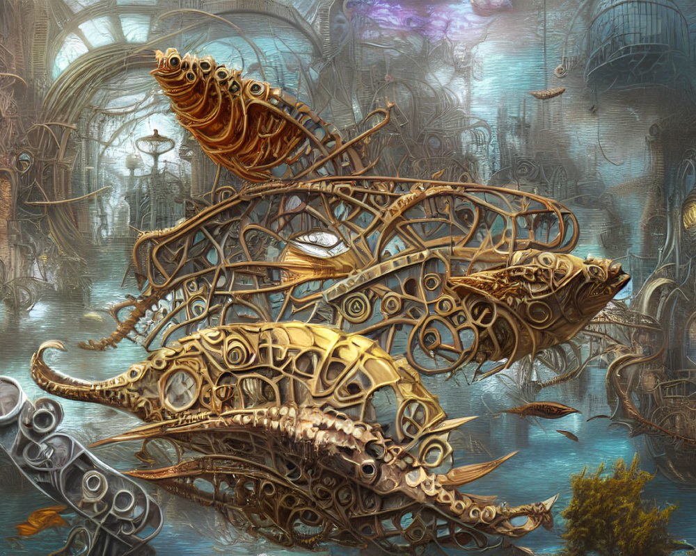 Digital artwork: Mechanical fish in steampunk underwater city