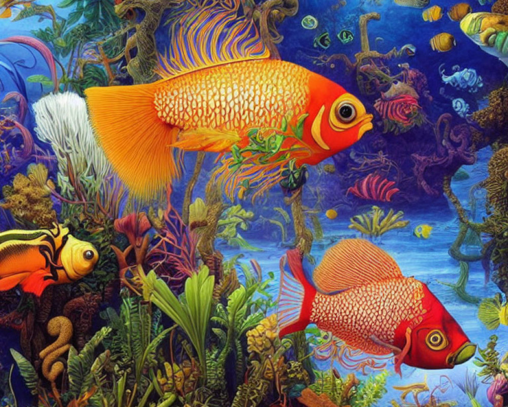 Colorful Fish and Marine Life in Vibrant Underwater Scene