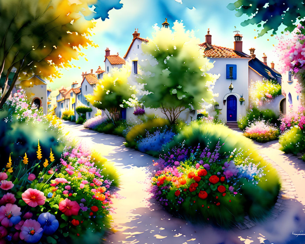 Vibrant painting of quaint village street with blooming flowers