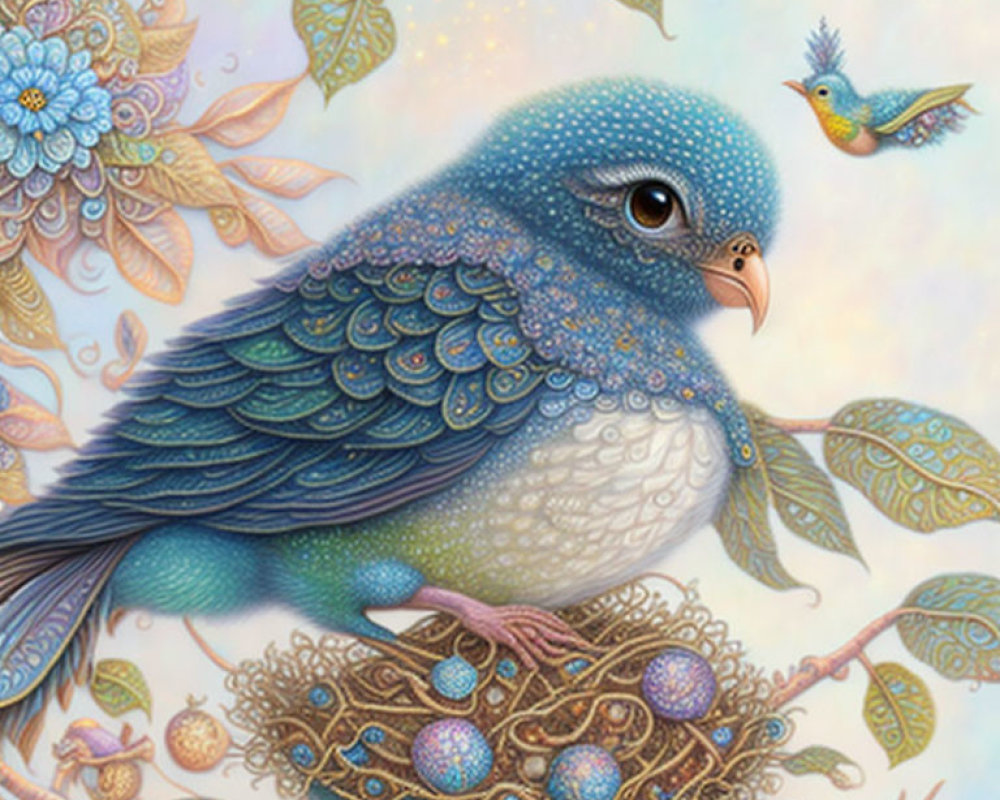 Detailed illustration of large blue bird with intricate patterns, holding nest with eggs, alongside tiny bird in floral