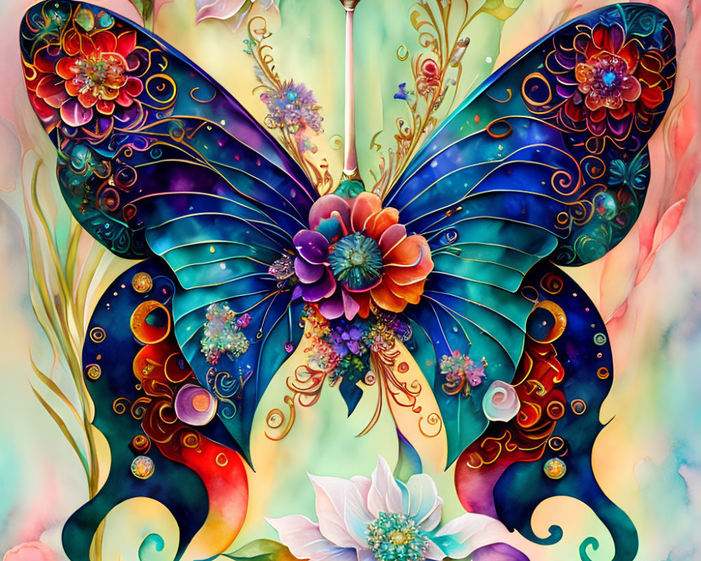 Colorful Butterfly Painting with Floral and Jewel Details on Pastel Background