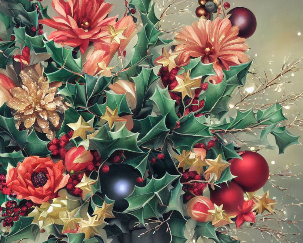 Festive Christmas arrangement with holly, poinsettias, baubles, berries,
