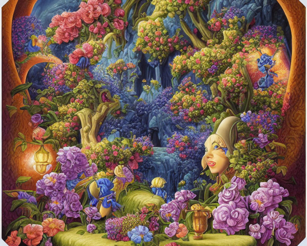 Colorful painting of oversized character head surrounded by lush flora & hidden faces.