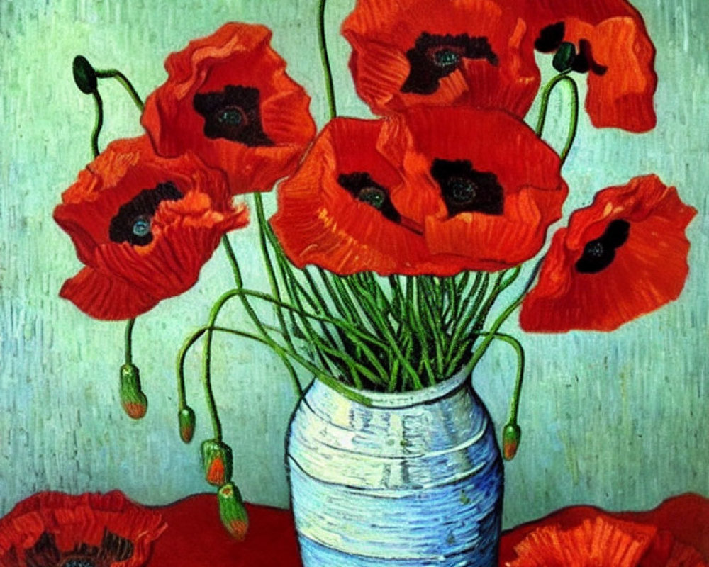 Colorful painting of red poppies in blue vase on green background