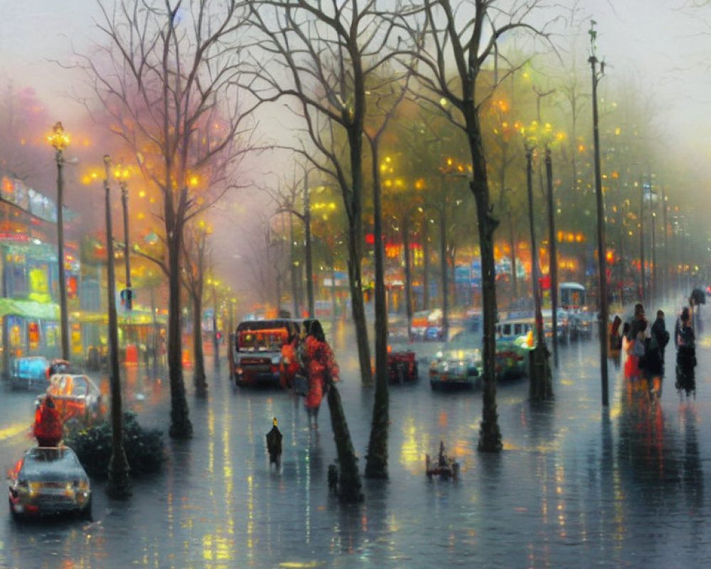Rainy Dusk Scene: Misty Street with Glowing Lamps, Colorful Storefronts