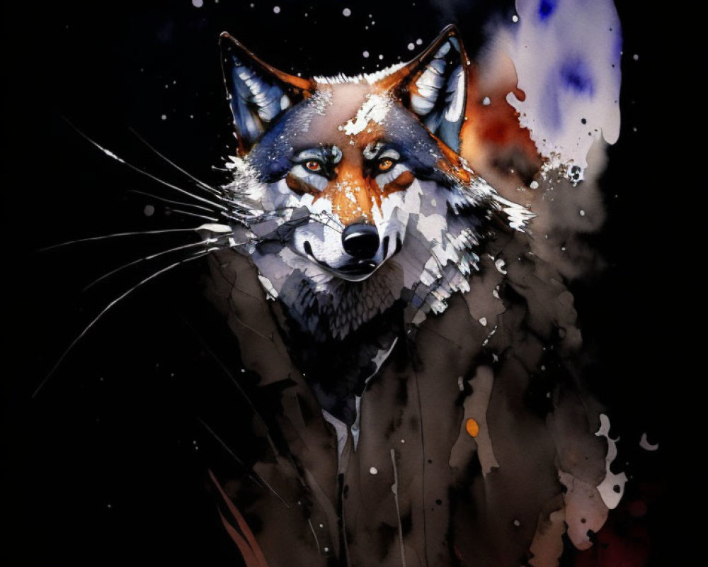 Fox Watercolor Painting: Intense Eyes in Abstract Background