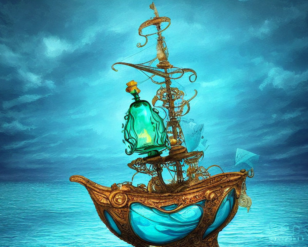 Ornate golden ship with green bottle on blue ocean under cloudy sky