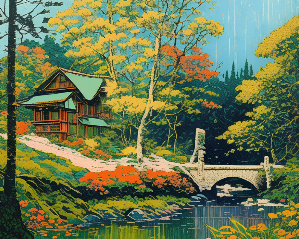Traditional Japanese house in autumn forest near pond with stone bridge