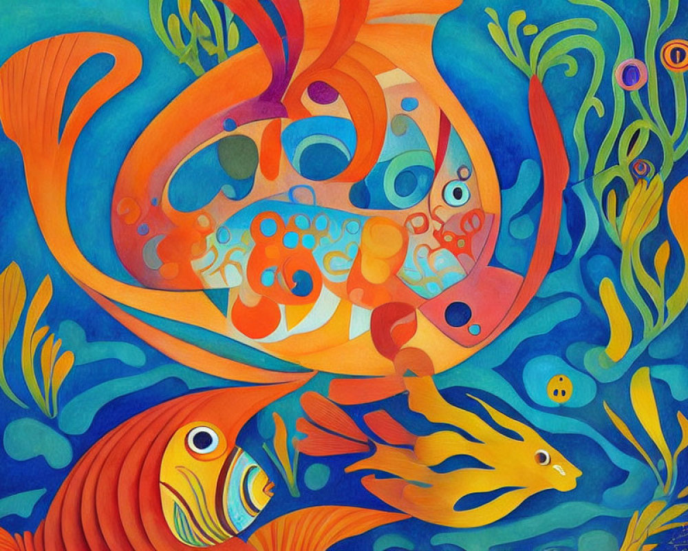 Colorful Abstract Painting of Stylized Fish and Sea Plants in Blues, Oranges, and Y