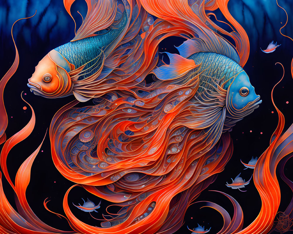 Colorful Fish Illustration with Orange Patterns on Dark Blue Background