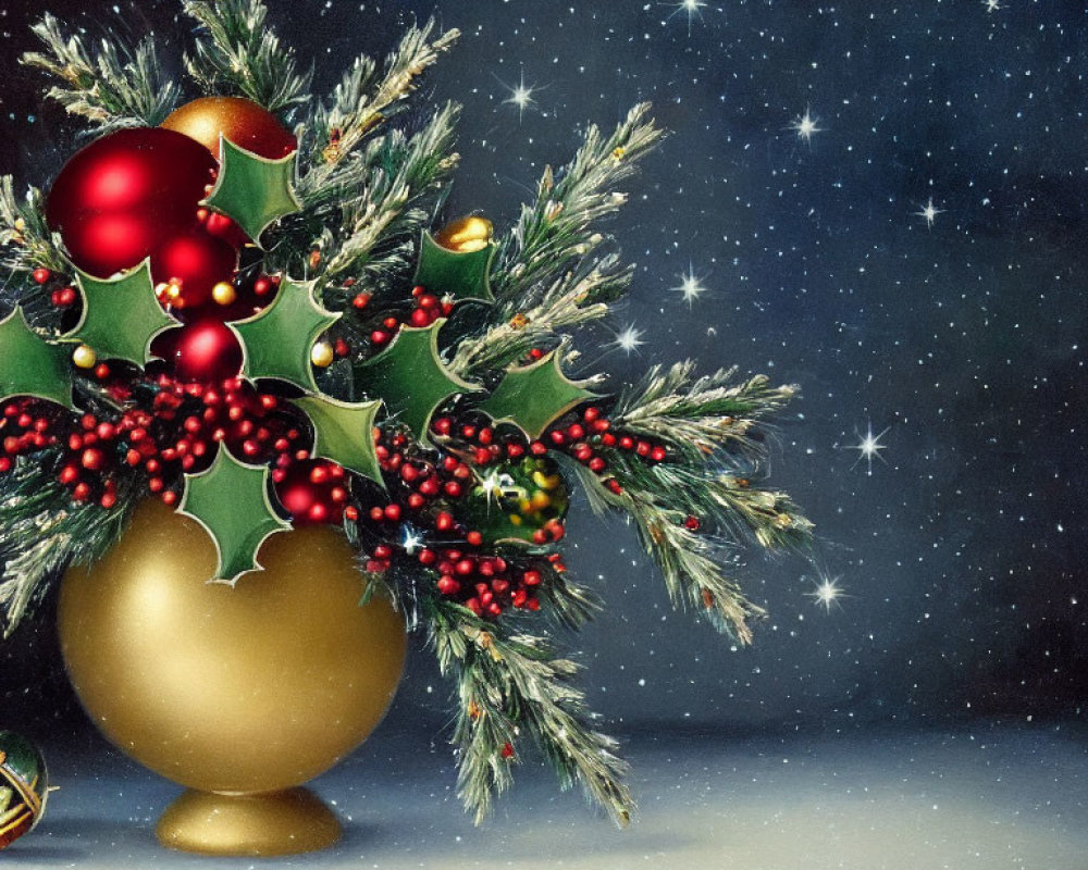 Evergreen branches and red ornaments in golden vase on starry night sky backdrop