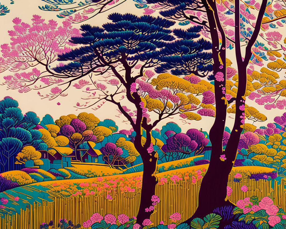 Colorful Illustration of Stylized Trees & Village in Rolling Hills