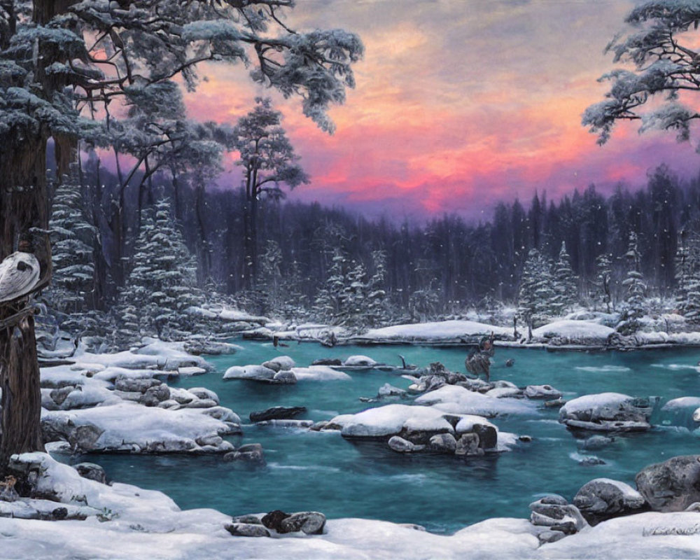 Snow-covered forest and river at dusk with pink and purple sky