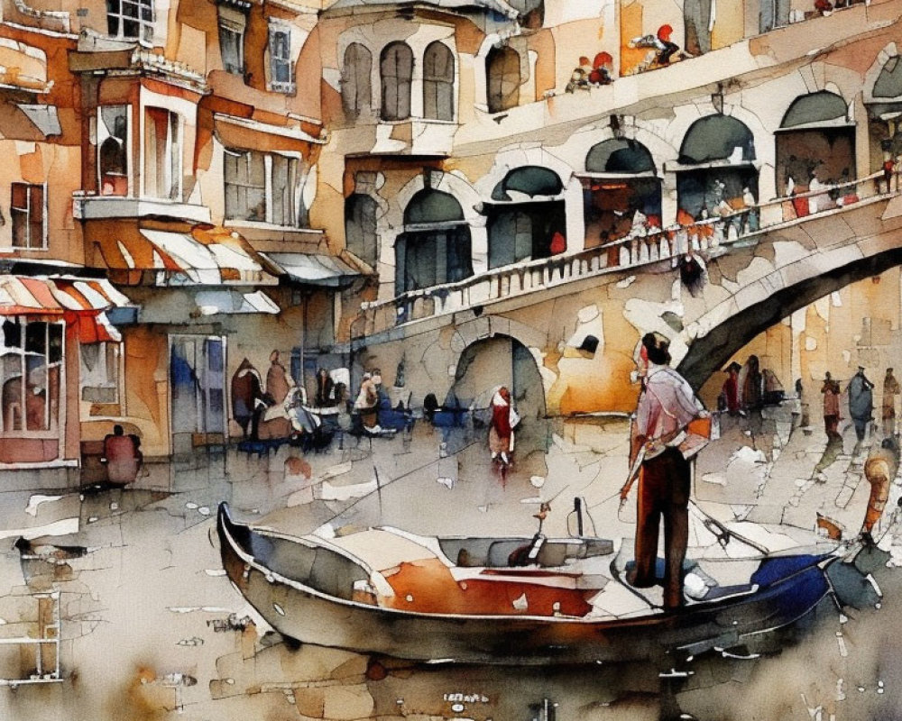 European Canal Scene Watercolor with Boatman & Pedestrians