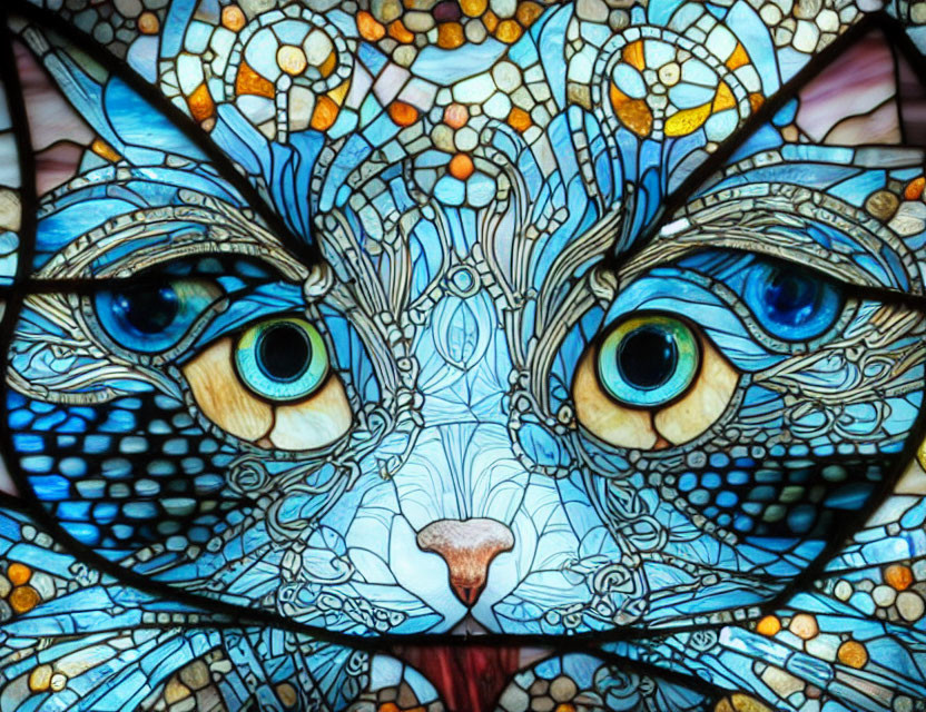 Colorful Stained Glass Artwork of Cat's Face with Intricate Patterns and Mesmerizing Blue