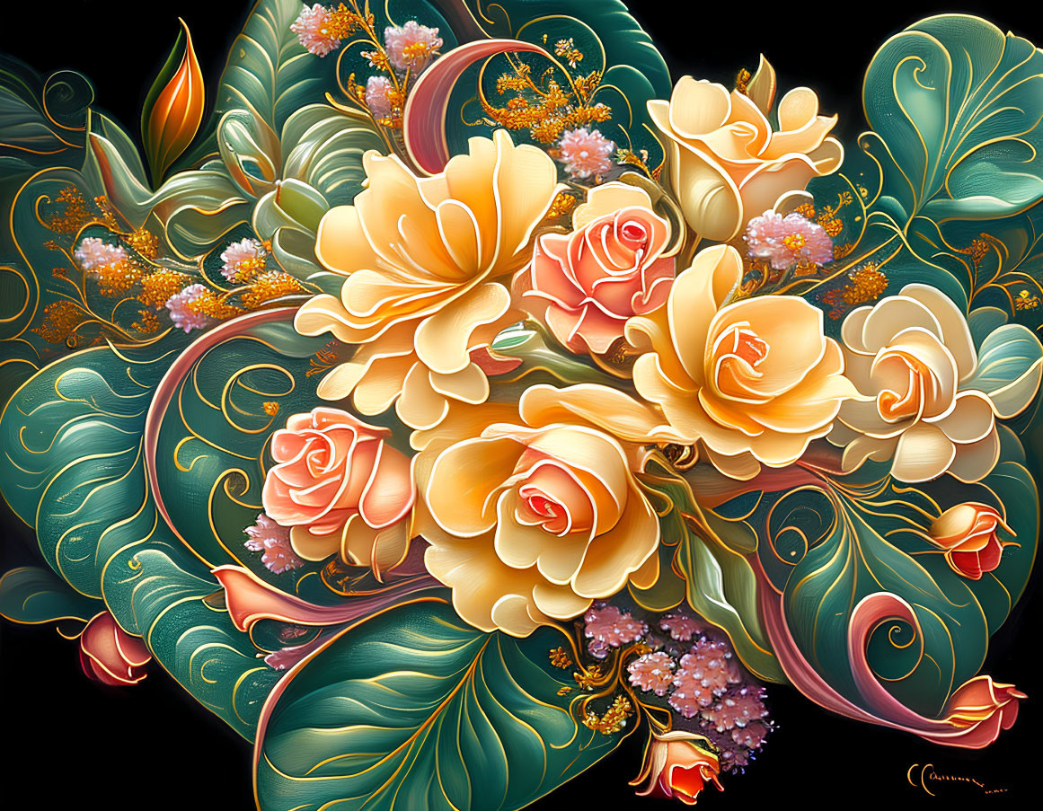 Digital Art: Golden Roses & Green Foliage on Black Background