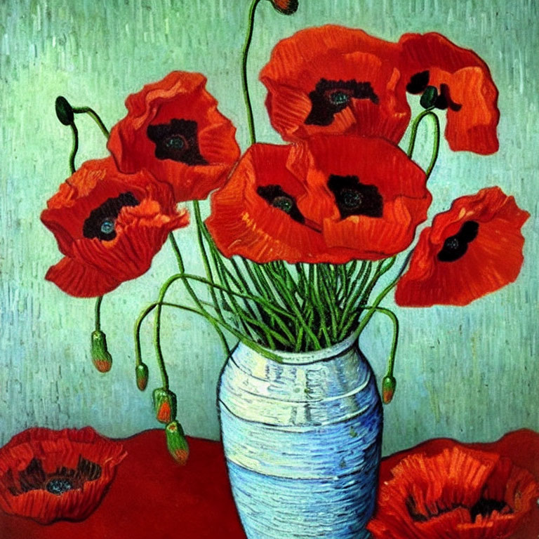 Colorful painting of red poppies in blue vase on green background