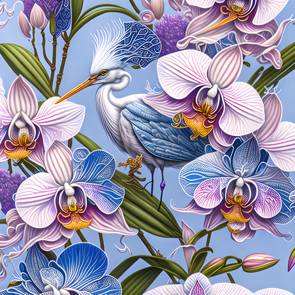 White heron surrounded by purple and blue orchids on intricate blue background