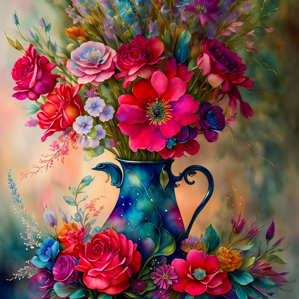Colorful digital painting of ornate pitcher with vibrant flowers on textured background