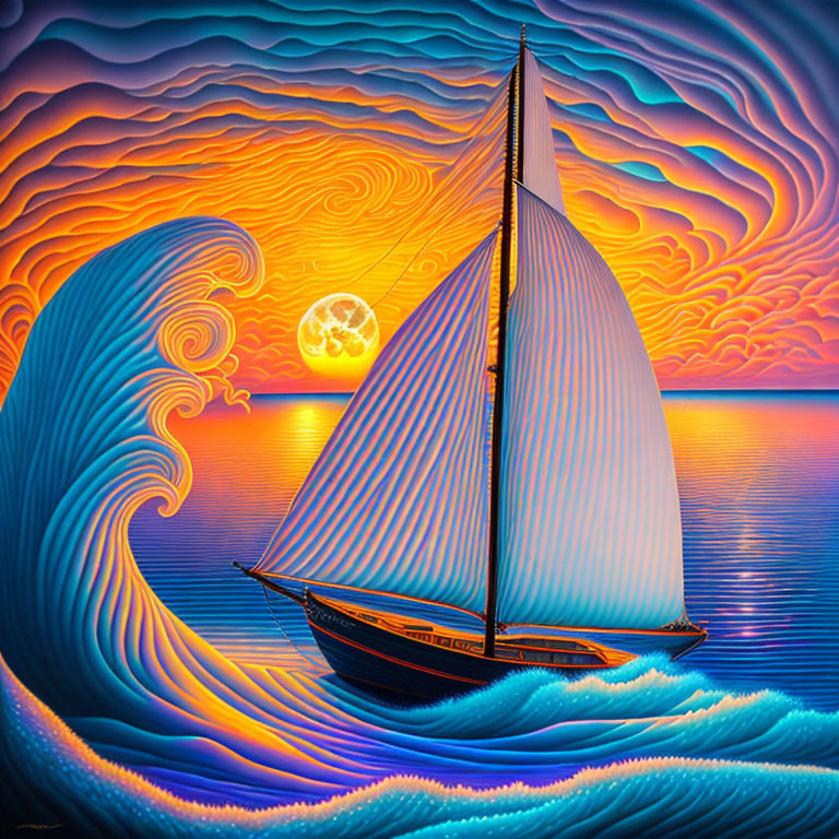 Colorful sailboat painting with wave under sunset sky and full moon