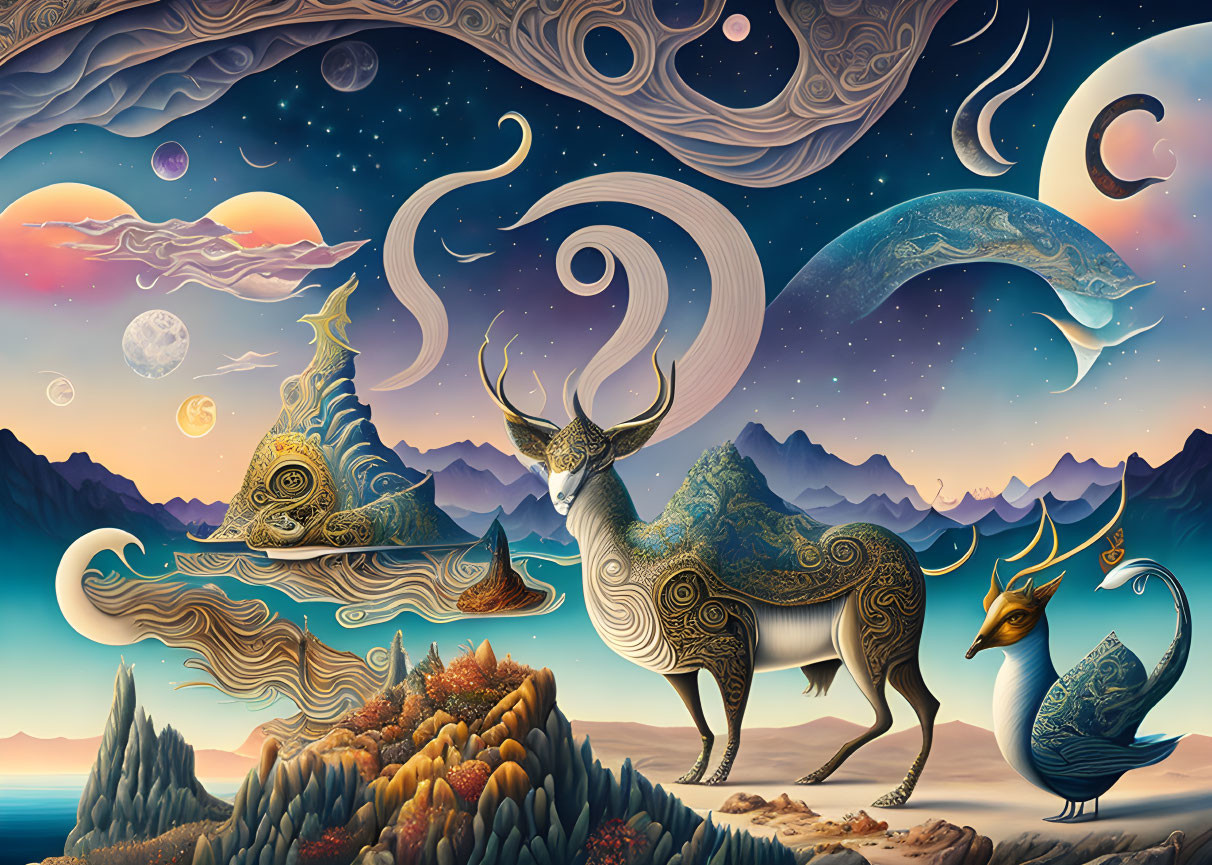 Surreal landscape with ornate stag-like creatures and vibrant mountains