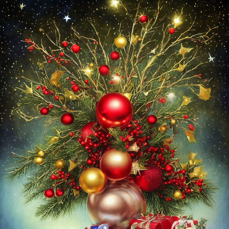 Decorated Christmas tree with red and golden ornaments, lights, berries, and gifts against starry night