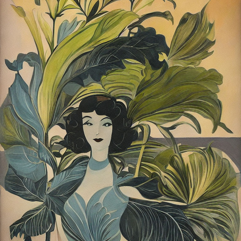 Stylized art deco illustration of woman with dark hair among lush green leaves