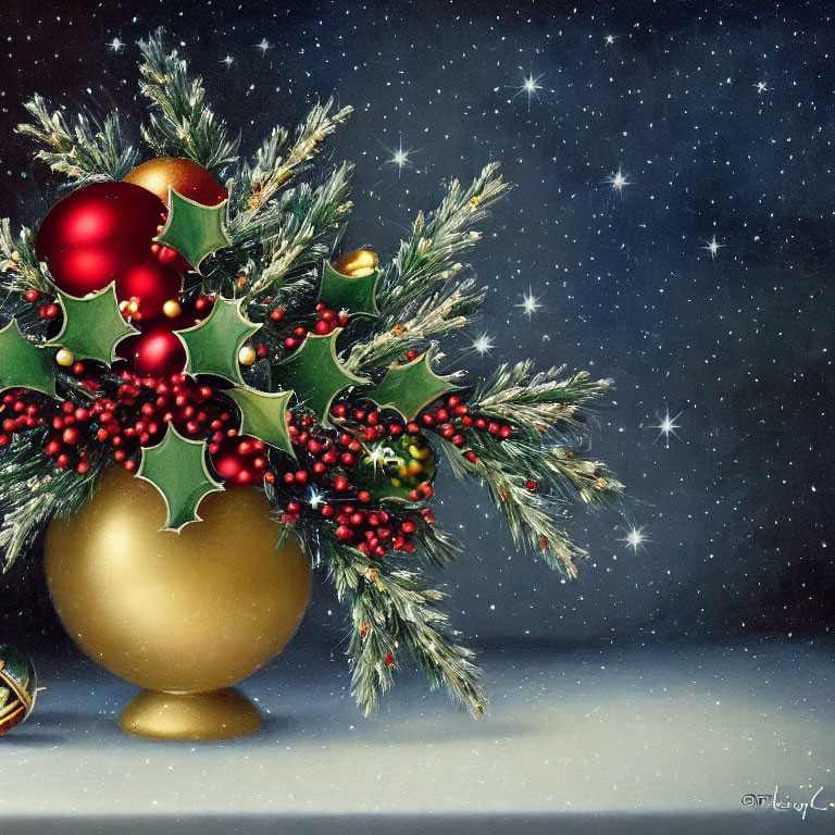 Evergreen branches and red ornaments in golden vase on starry night sky backdrop