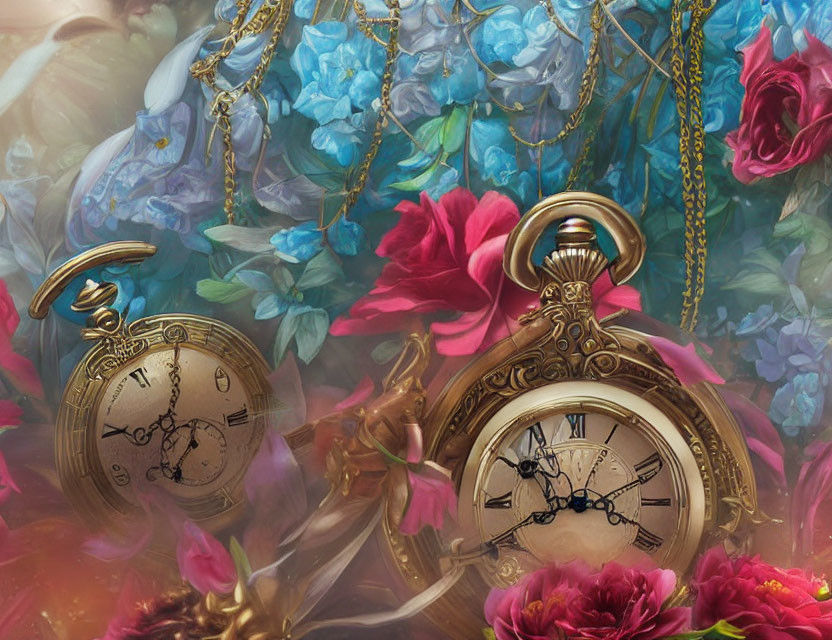 Golden Pocket Watches Intertwined with Colorful Flowers in Ethereal Setting