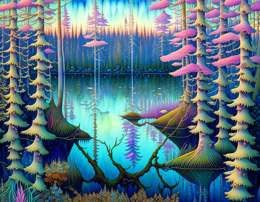 Colorful Whimsical Forest with Pink and Yellow Trees and Blue Lake