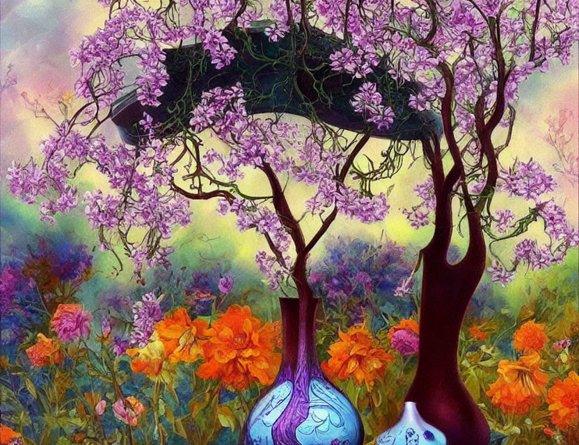 Colorful Painting of Flowery Meadow with Purple Trees and Vases