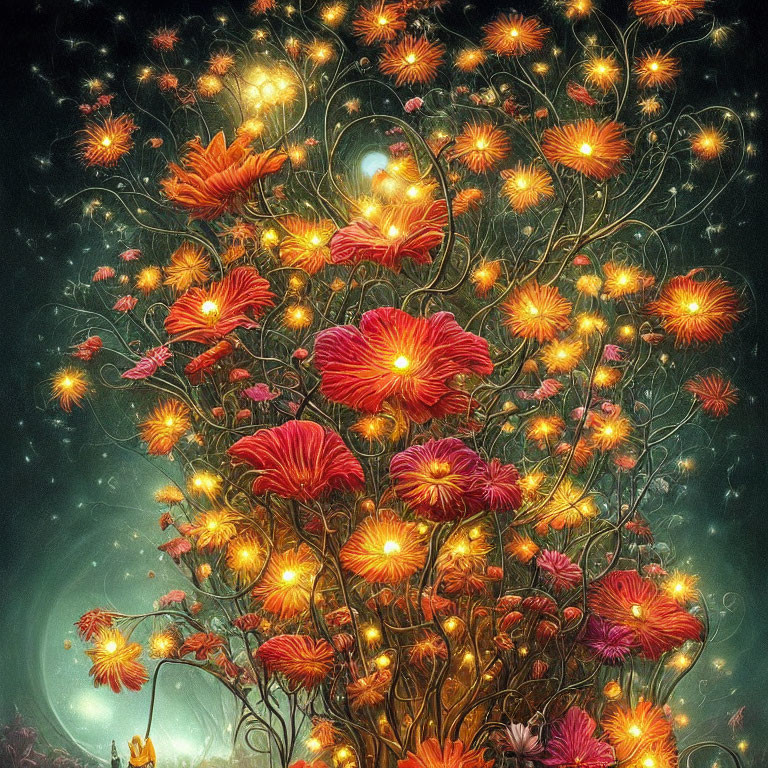 Colorful Glowing Tree with Orange and Red Flowers on Starry Night Sky