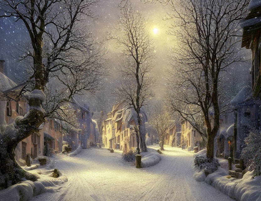 Snow-covered street at dusk with glowing lights and falling snowflakes