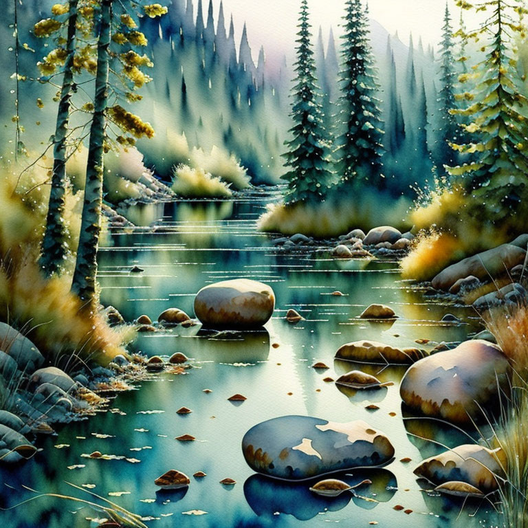 Tranquil forest scene with towering pines and serene lake